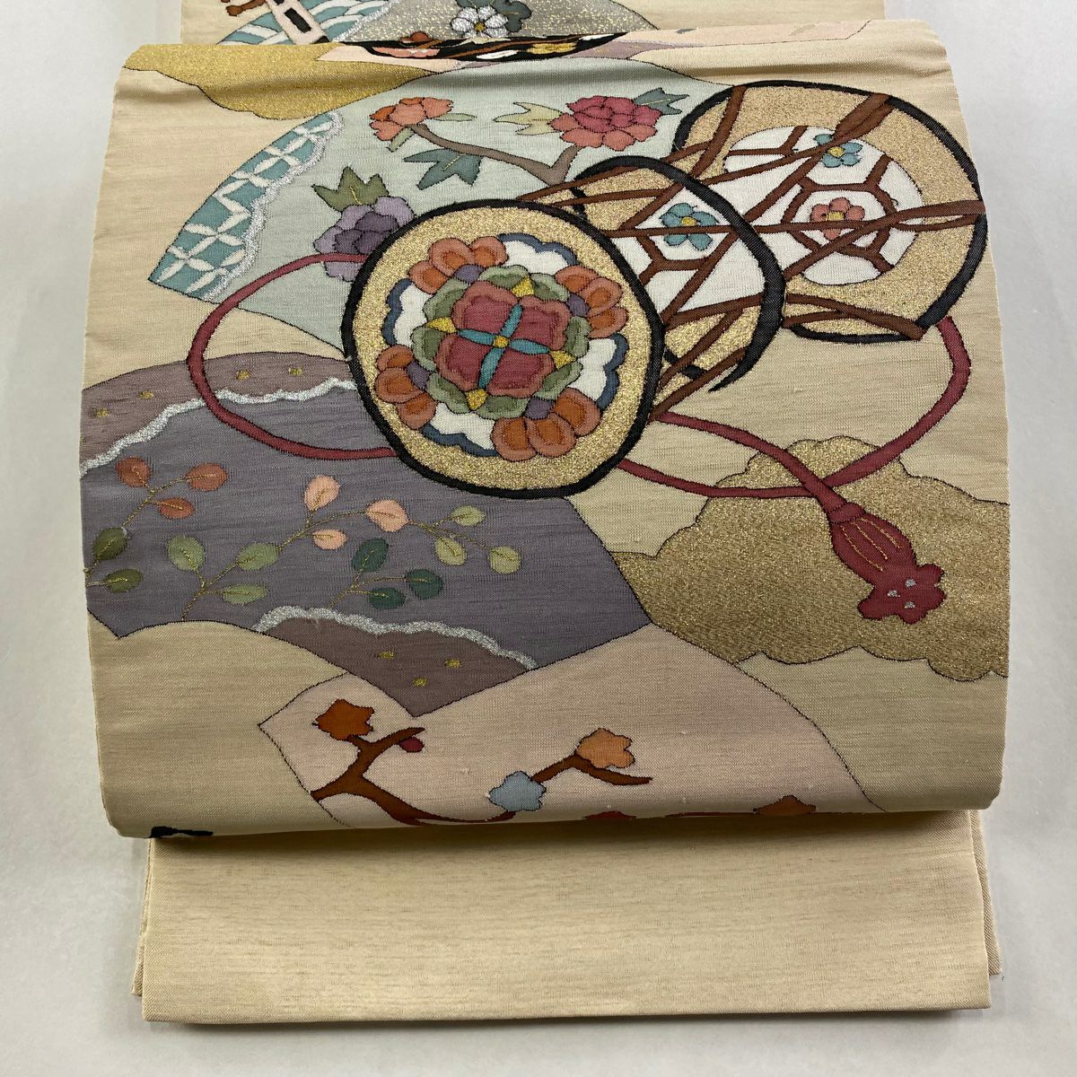 袋帶 逸品級 琵琶 鼓 金銀彩 米色 大鼓圖案 純蠶絲