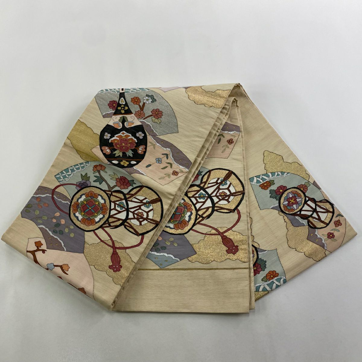 袋帶 逸品級 琵琶 鼓 金銀彩 米色 大鼓圖案 純蠶絲