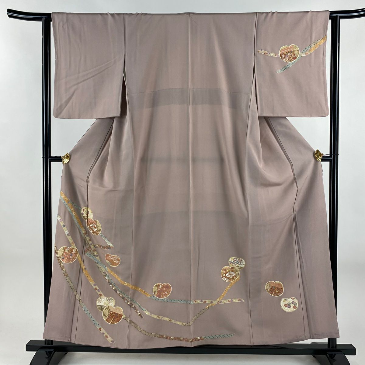 訪問服 身長157cm 袖長63cm S 雙層 大和 蔓帶 團扇子 金絲 刺繡 灰紫 純蠶絲 秀品級