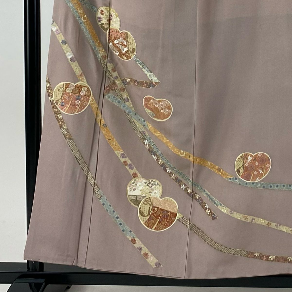 訪問服 身長157cm 袖長63cm S 雙層 大和 蔓帶 團扇子 金絲 刺繡 灰紫 純蠶絲 秀品級