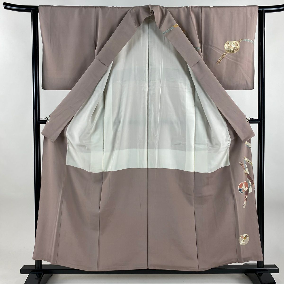 訪問服 身長157cm 袖長63cm S 雙層 大和 蔓帶 團扇子 金絲 刺繡 灰紫 純蠶絲 秀品級