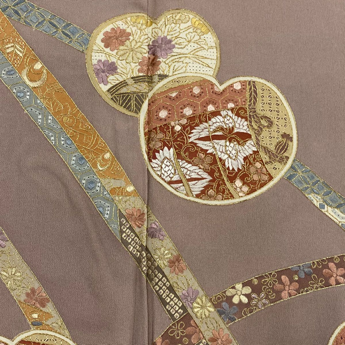 訪問服 身長157cm 袖長63cm S 雙層 大和 蔓帶 團扇子 金絲 刺繡 灰紫 純蠶絲 秀品級