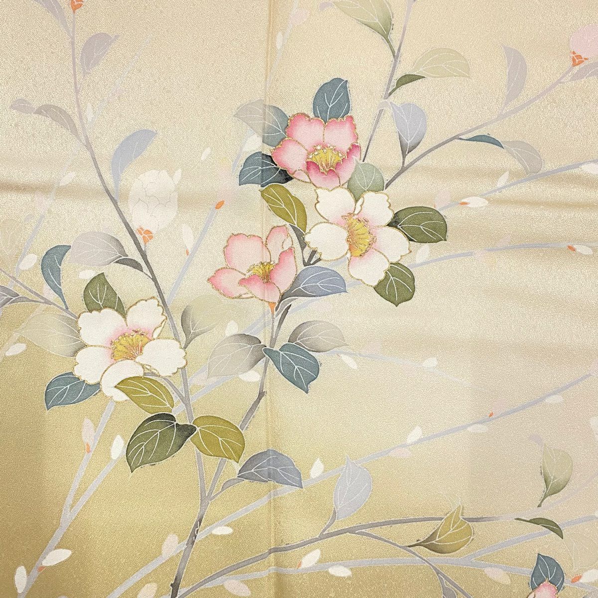 訪問服 身長150cm 袖長62cm S 雙層 椿 菊花 金彩裝飾 漸層 奶油色 純蠶絲 優品級