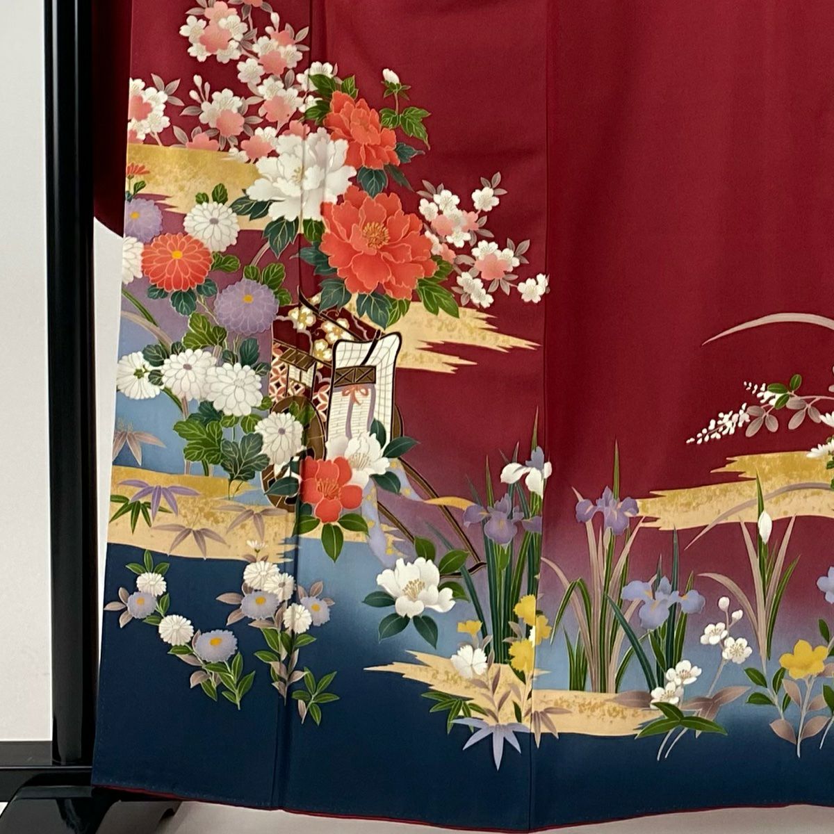 振袖禮服 身長160cm 袖長68.5cm L 雙層 御所車 牡丹 金彩裝飾 染分 紅 純蠶絲 秀品級