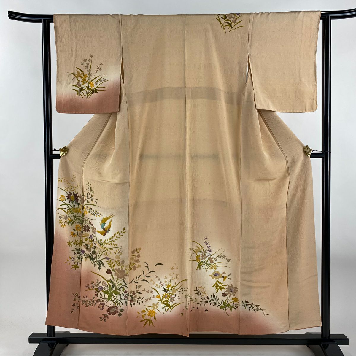 訪問服 身長156cm 袖長62cm S 雙層 尾長鳥 草花紋紋 染分 逐漸淡化 淺橙色 純蠶絲 優品級