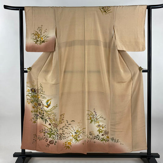 訪問服 身長156cm 袖長62cm S 雙層 尾長鳥 草花紋紋 染分 逐漸淡化 淺橙色 純蠶絲 優品級