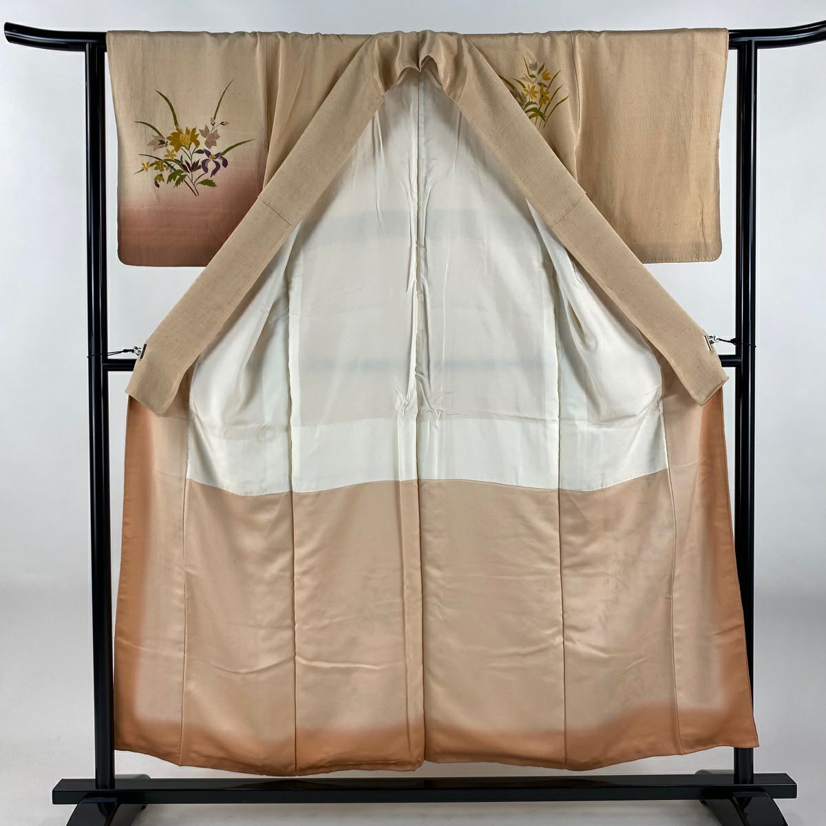 訪問服 身長156cm 袖長62cm S 雙層 尾長鳥 草花紋紋 染分 逐漸淡化 淺橙色 純蠶絲 優品級