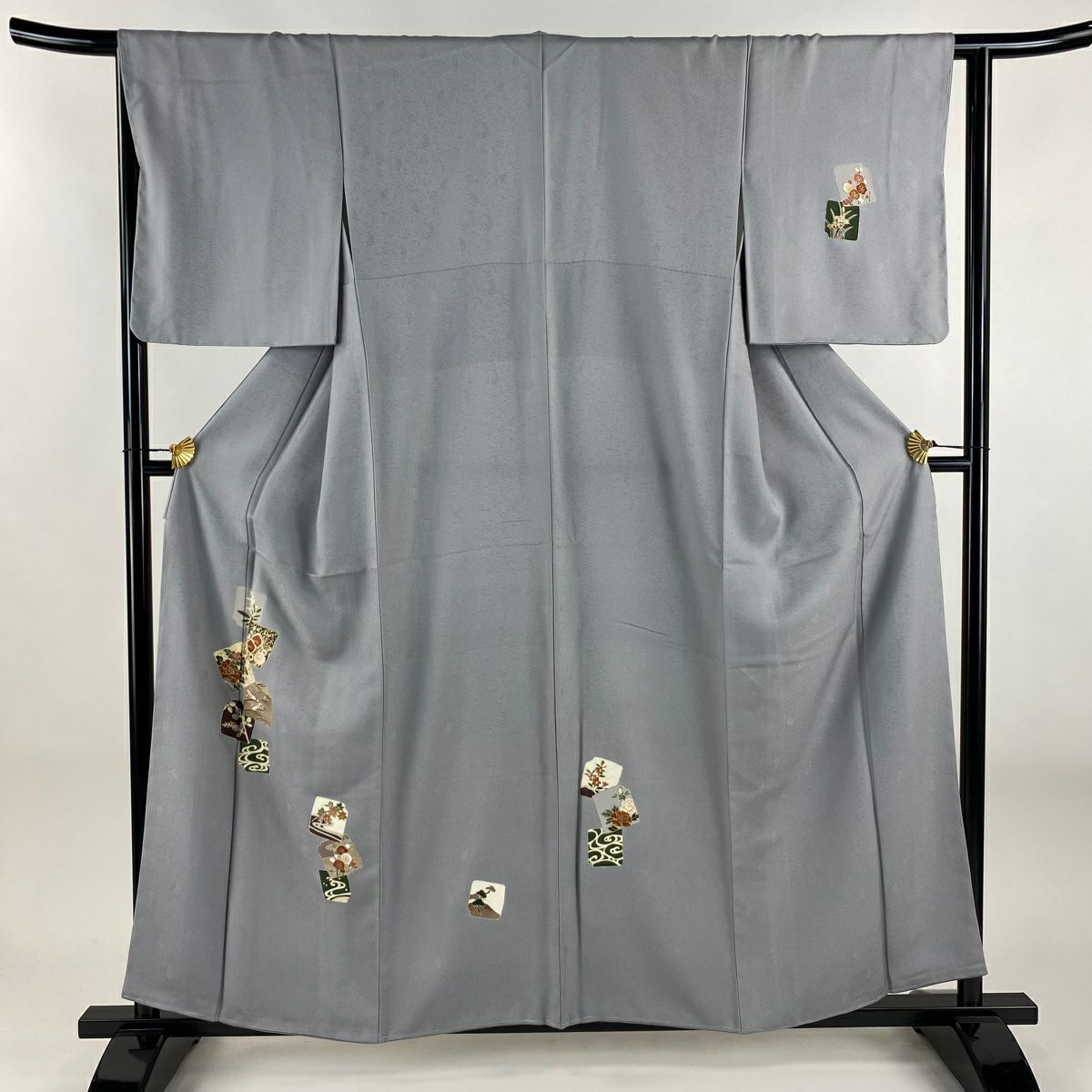 付下 身長158.5cm 袖長64cm M 雙層 破裂色紙 梅花 金絲 金銀彩 青灰 純蠶絲 優品級