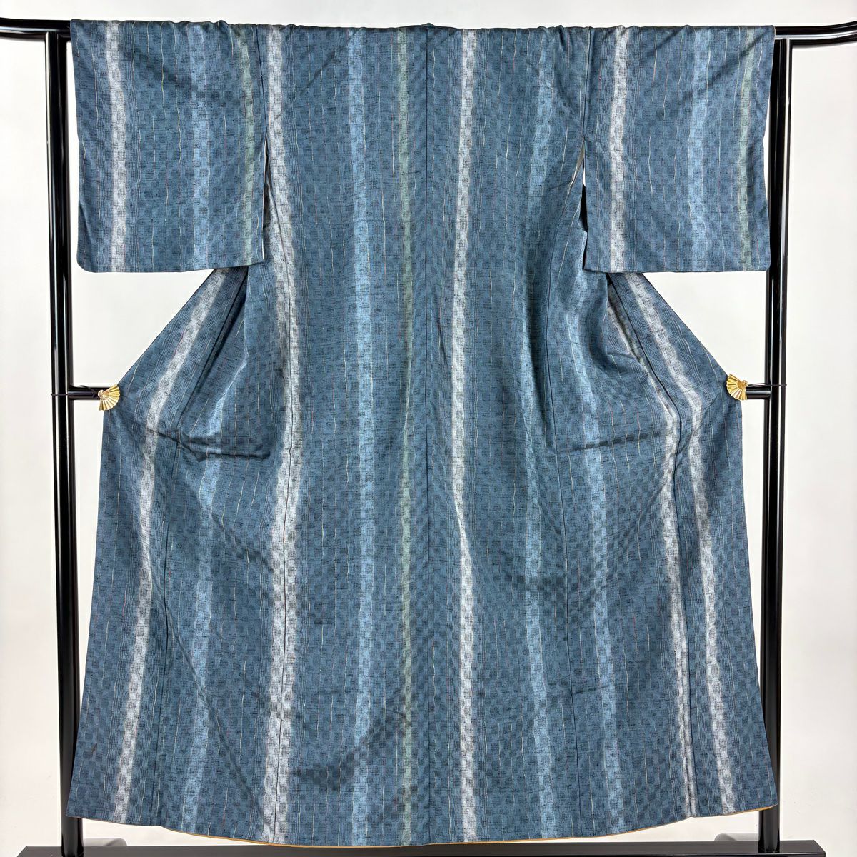 【美品】 紬織 身長153cm 袖長63.5cm S 雙層 縞 深藍 純蠶絲 秀品級