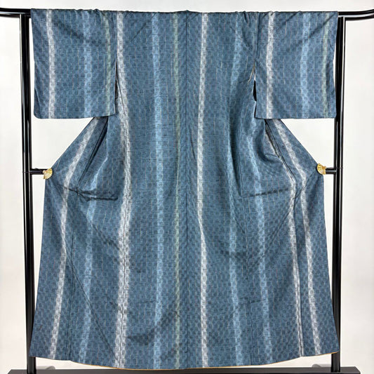 【美品】 紬織 身長153cm 袖長63.5cm S 雙層 縞 深藍 純蠶絲 秀品級
