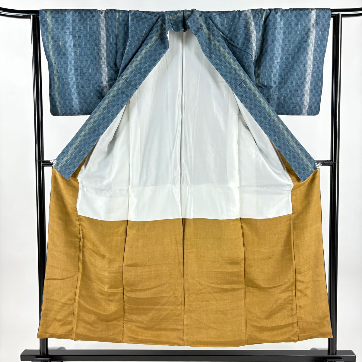 【美品】 紬織 身長153cm 袖長63.5cm S 雙層 縞 深藍 純蠶絲 秀品級