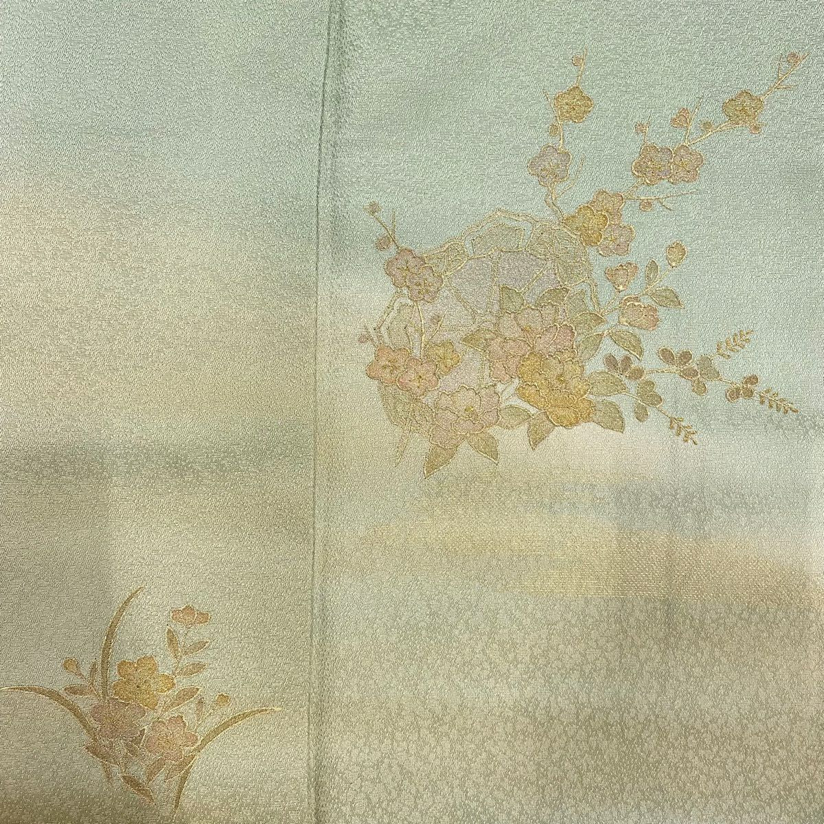 付下 身長152cm 袖長61.5cm S 雙層 枝梅花 霞 金銀彩 刺繡 淺綠 純蠶絲 優品級