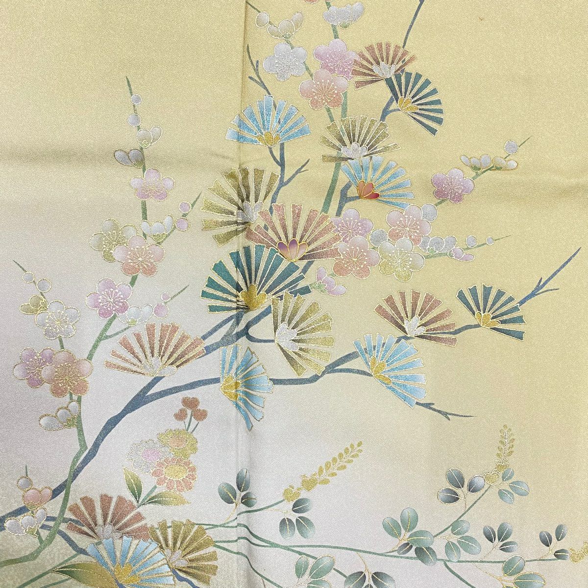 付下 身長159cm 袖長63.5cm S 雙層 松樹梅花 萩 金銀彩 螺鈿 米色 純蠶絲 優品級 一個紋