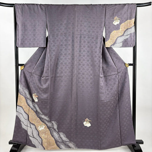 付下 身長161cm 袖長66cm M 雙層 笠松樹 道長取刺繡 絞染 紫 純蠶絲 優品級