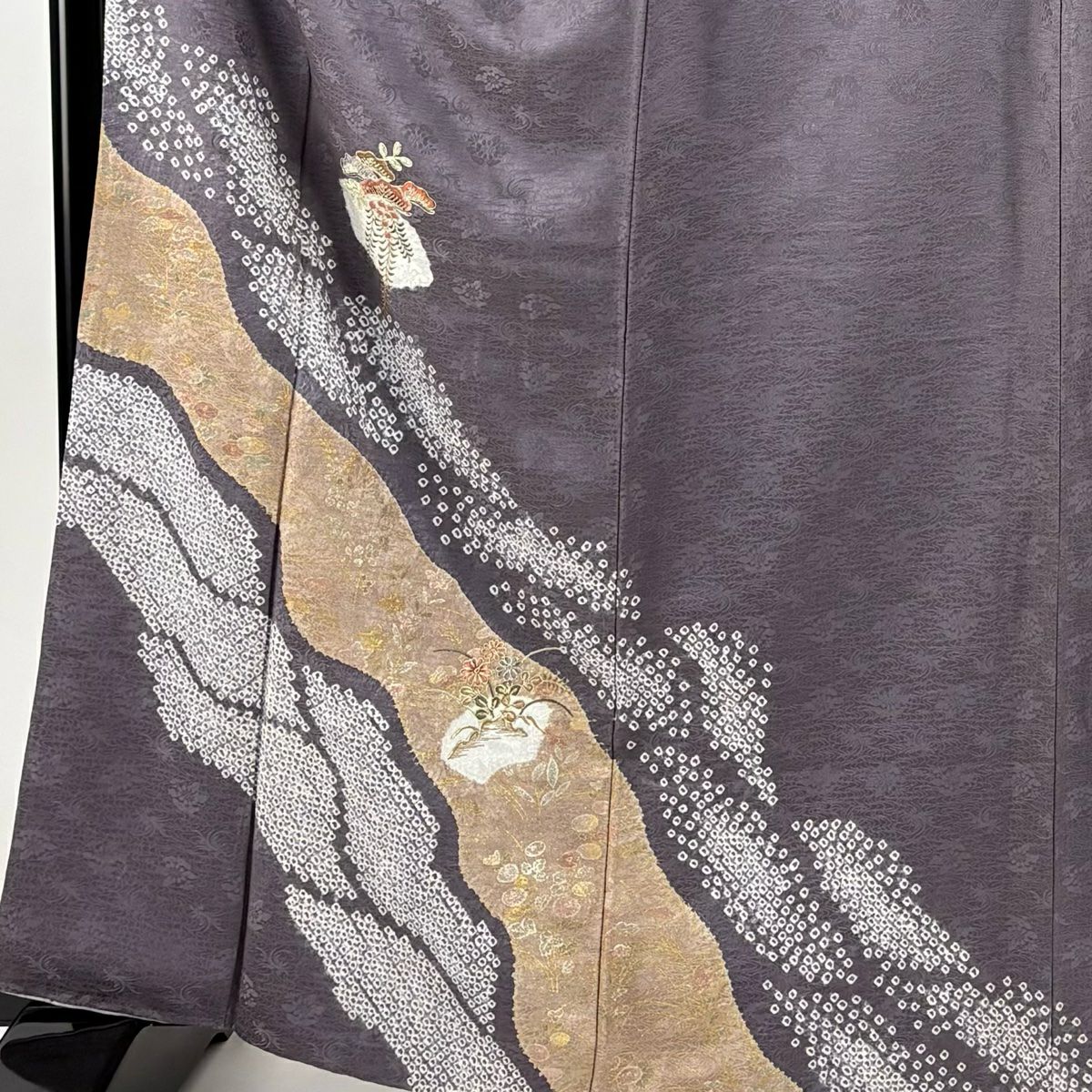 付下 身長161cm 袖長66cm M 雙層 笠松樹 道長取刺繡 絞染 紫 純蠶絲 優品級