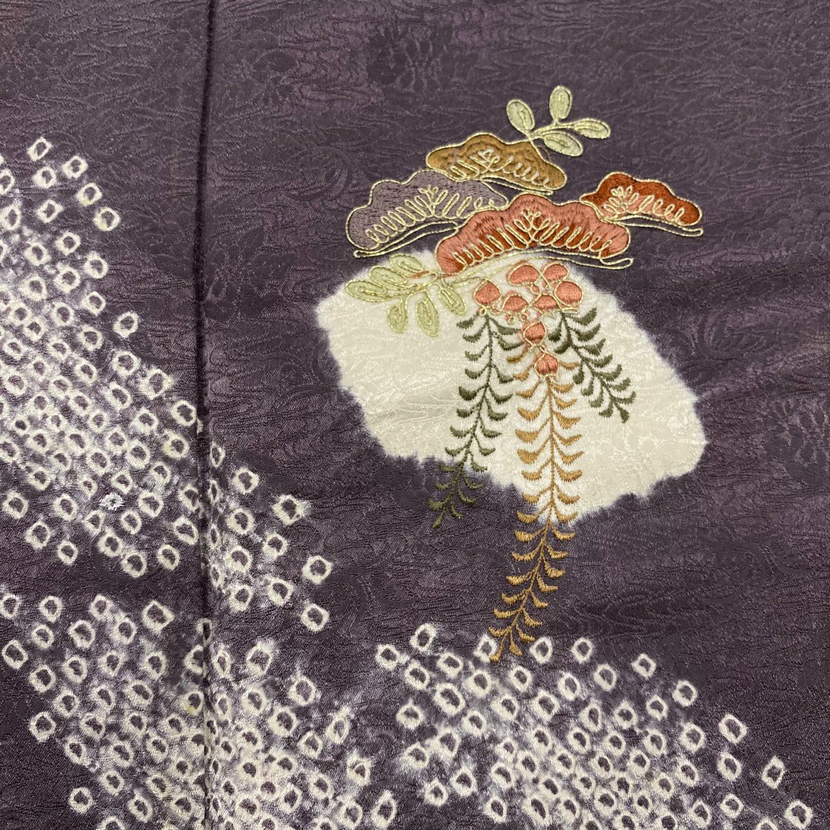 付下 身長161cm 袖長66cm M 雙層 笠松樹 道長取刺繡 絞染 紫 純蠶絲 優品級