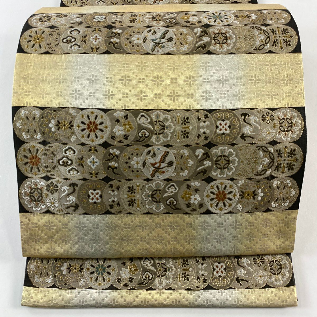 【美品】 袋帶 秀品級 段紋 圓文 金絲 金金箔 焦茶 六通 純蠶絲