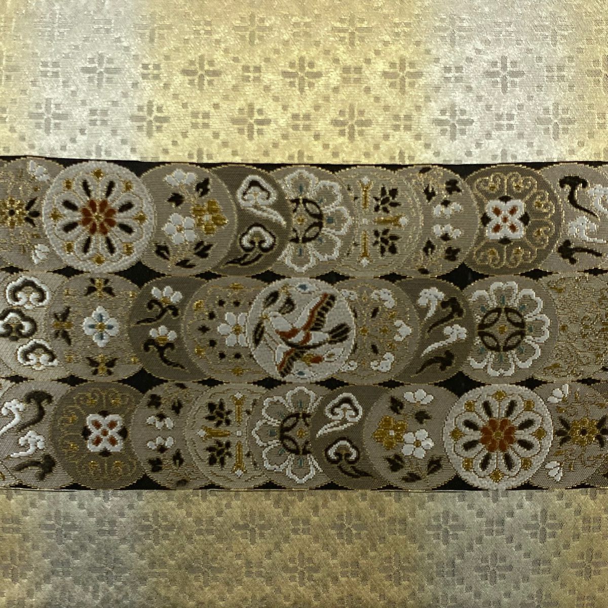 【美品】 袋帶 秀品級 段紋 圓文 金絲 金金箔 焦茶 六通 純蠶絲