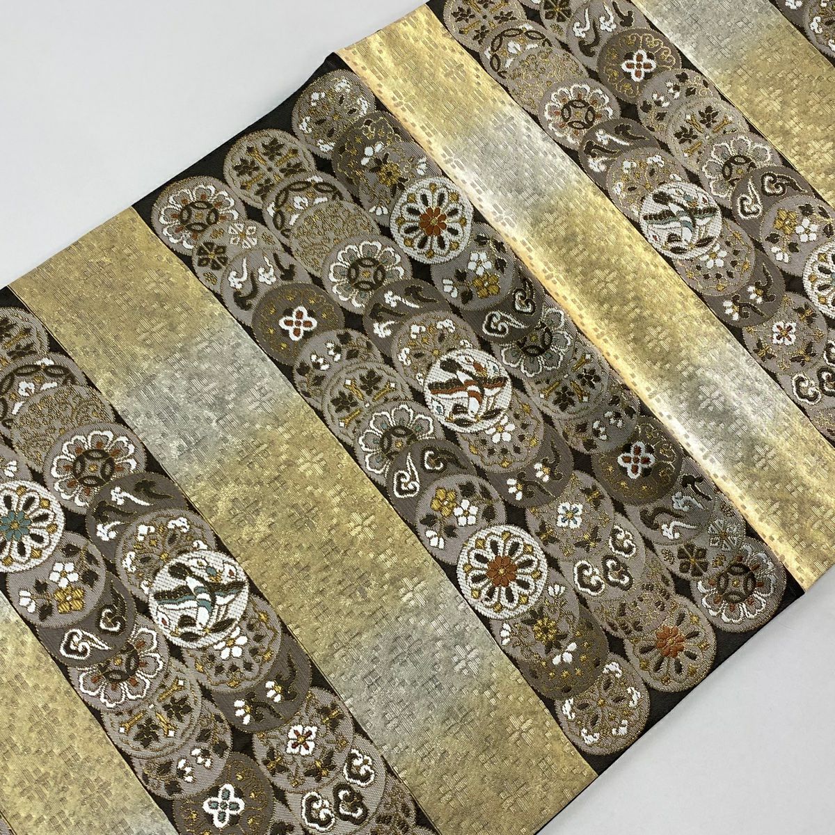 【美品】 袋帶 秀品級 段紋 圓文 金絲 金金箔 焦茶 六通 純蠶絲