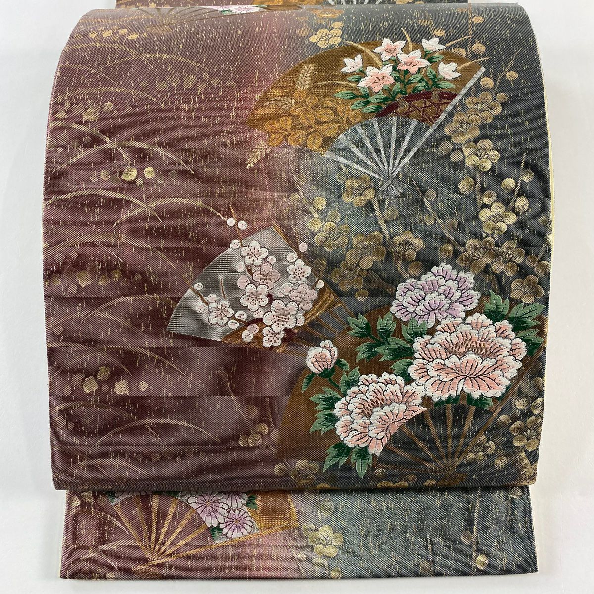 袋帶 秀品級 扇子 草花紋 金糸 金金箔 灰綠 六通 純蠶絲