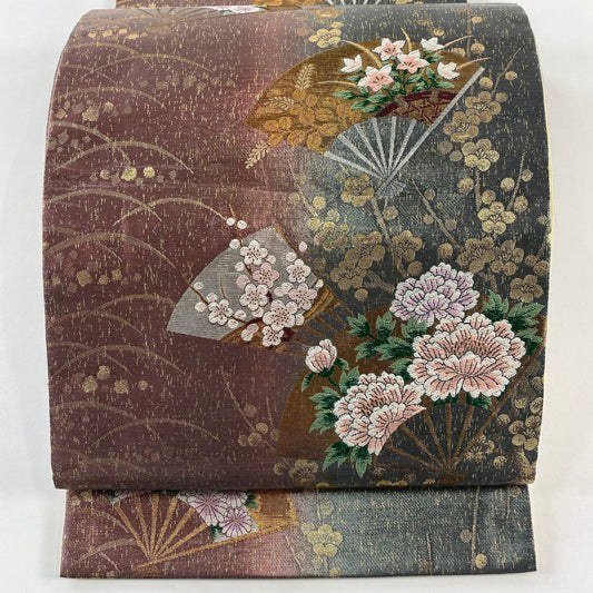 袋帶 秀品級 扇子 草花紋 金糸 金金箔 灰綠 六通 純蠶絲