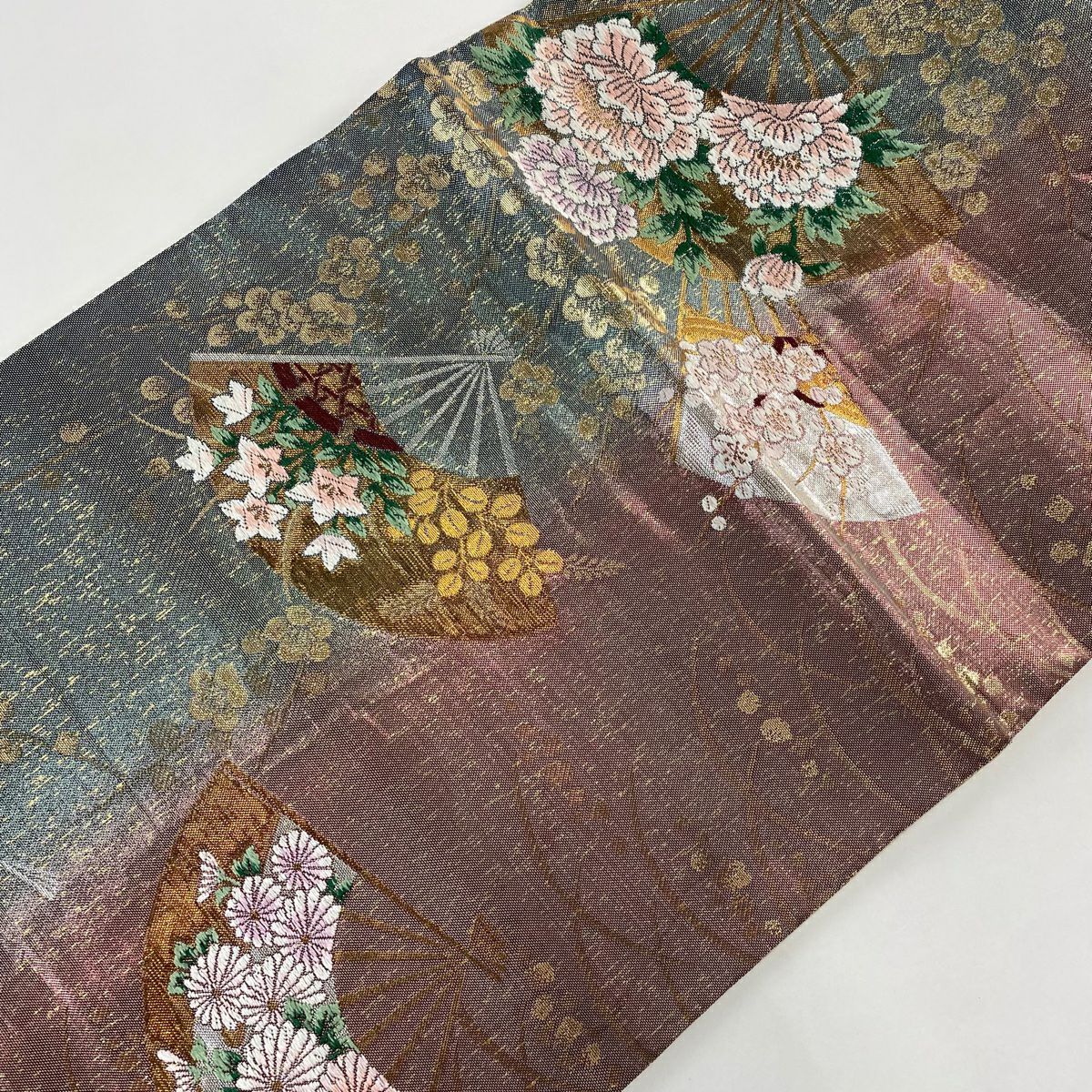袋帶 秀品級 扇子 草花紋 金糸 金金箔 灰綠 六通 純蠶絲
