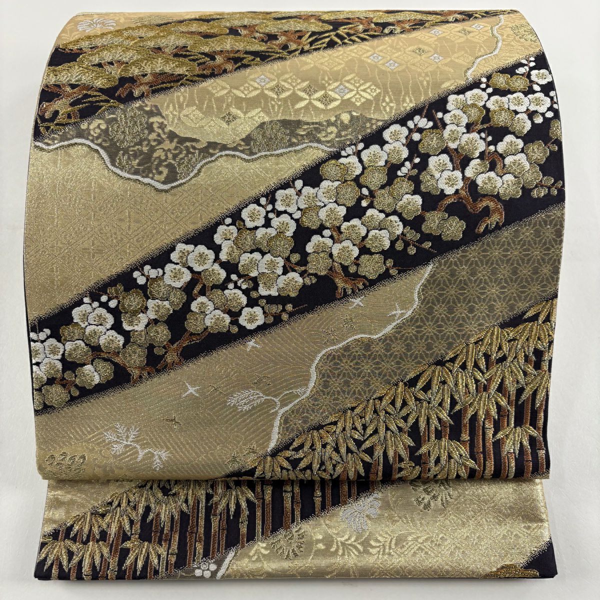 【美品】 袋帶 秀品級 松樹竹子梅花 波 金絲 金金箔 金色 六通 純蠶絲
