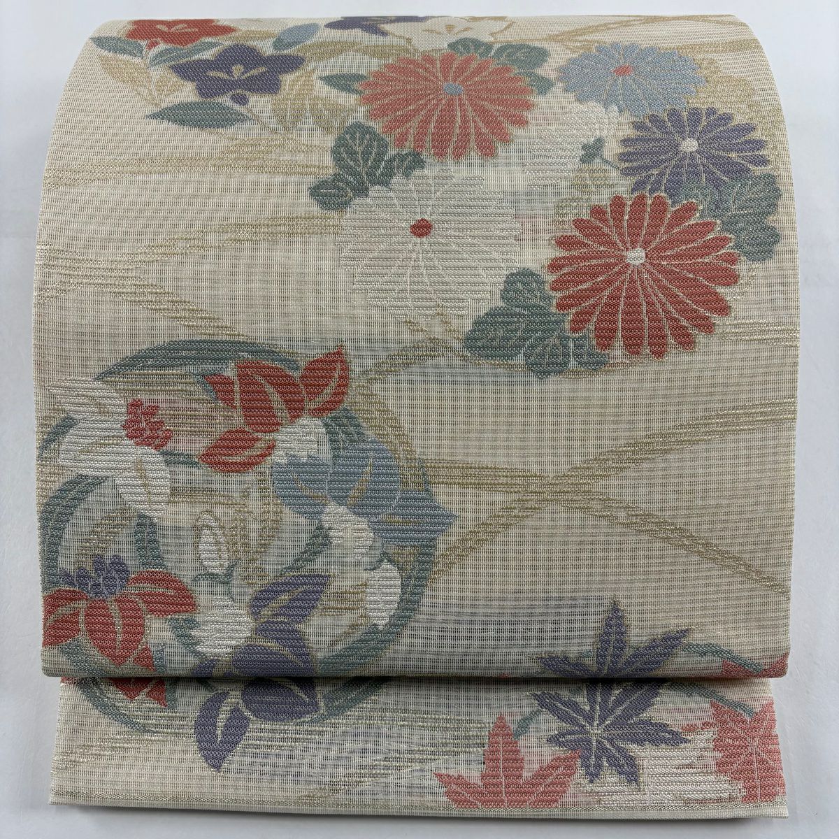【美品】 袋帶 秀品級 夏帶 絽 關西仕立 花丸文 草花紋紋 金金箔 米色 六通 純蠶絲