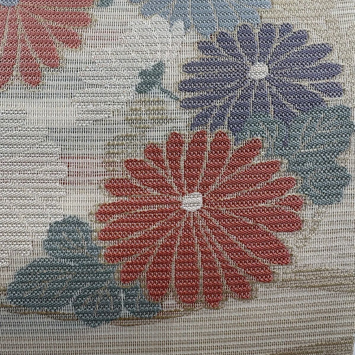 【美品】 袋帶 秀品級 夏帶 絽 關西仕立 花丸文 草花紋紋 金金箔 米色 六通 純蠶絲