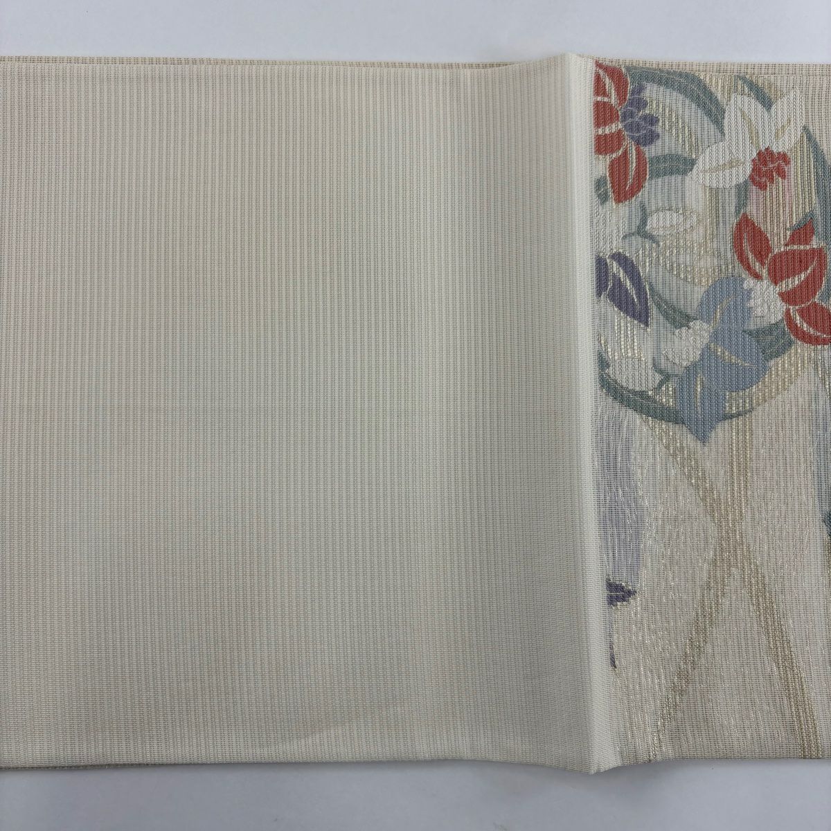 【美品】 袋帶 秀品級 夏帶 絽 關西仕立 花丸文 草花紋紋 金金箔 米色 六通 純蠶絲