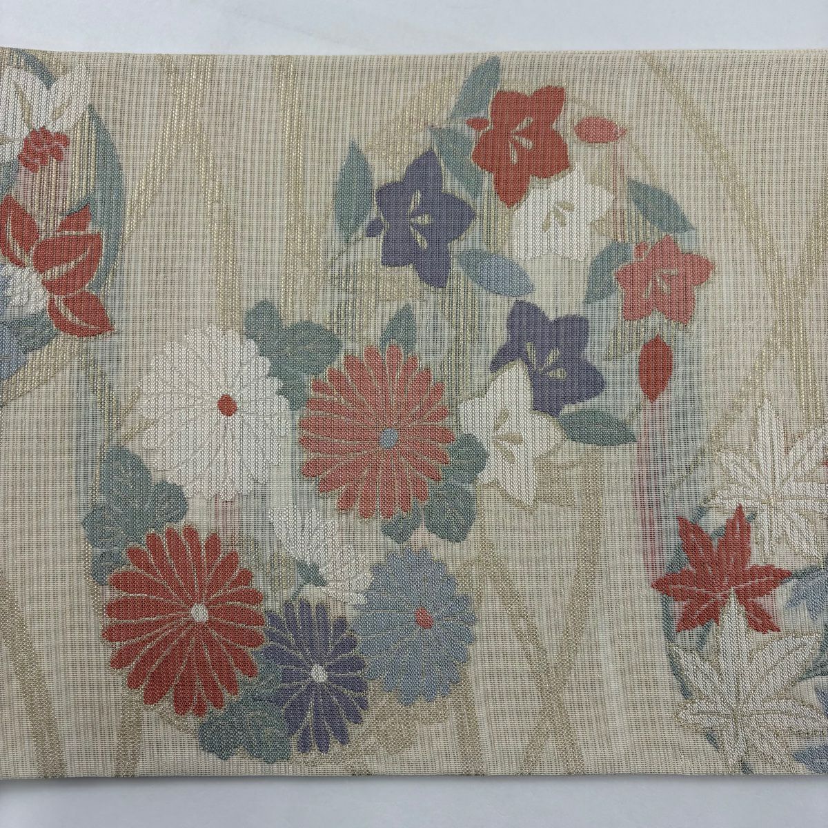 【美品】 袋帶 秀品級 夏帶 絽 關西仕立 花丸文 草花紋紋 金金箔 米色 六通 純蠶絲