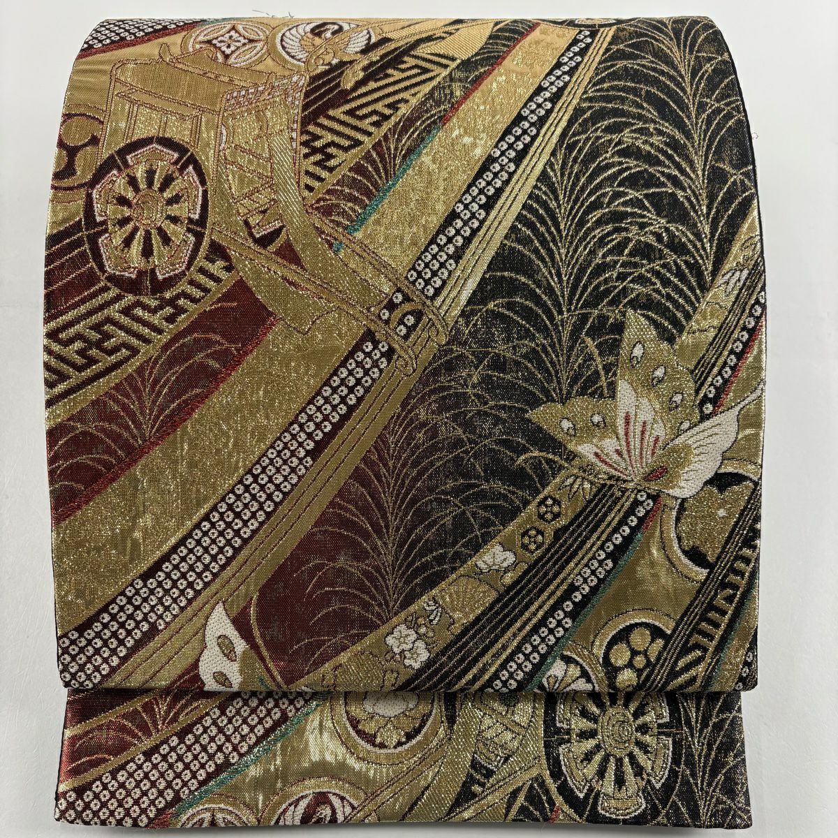 【美品】 袋帶 秀品級 御所車 蝴蝶 金絲 金金箔 金 六通 純蠶絲