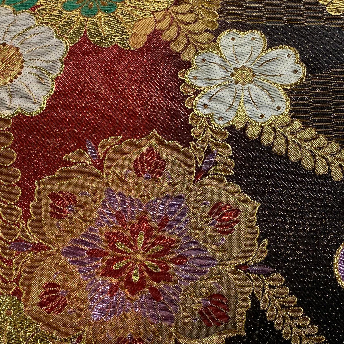 【美品】 袋帶 秀品級 草花紋紋 金糸 金金箔 紅 六通 純蠶絲