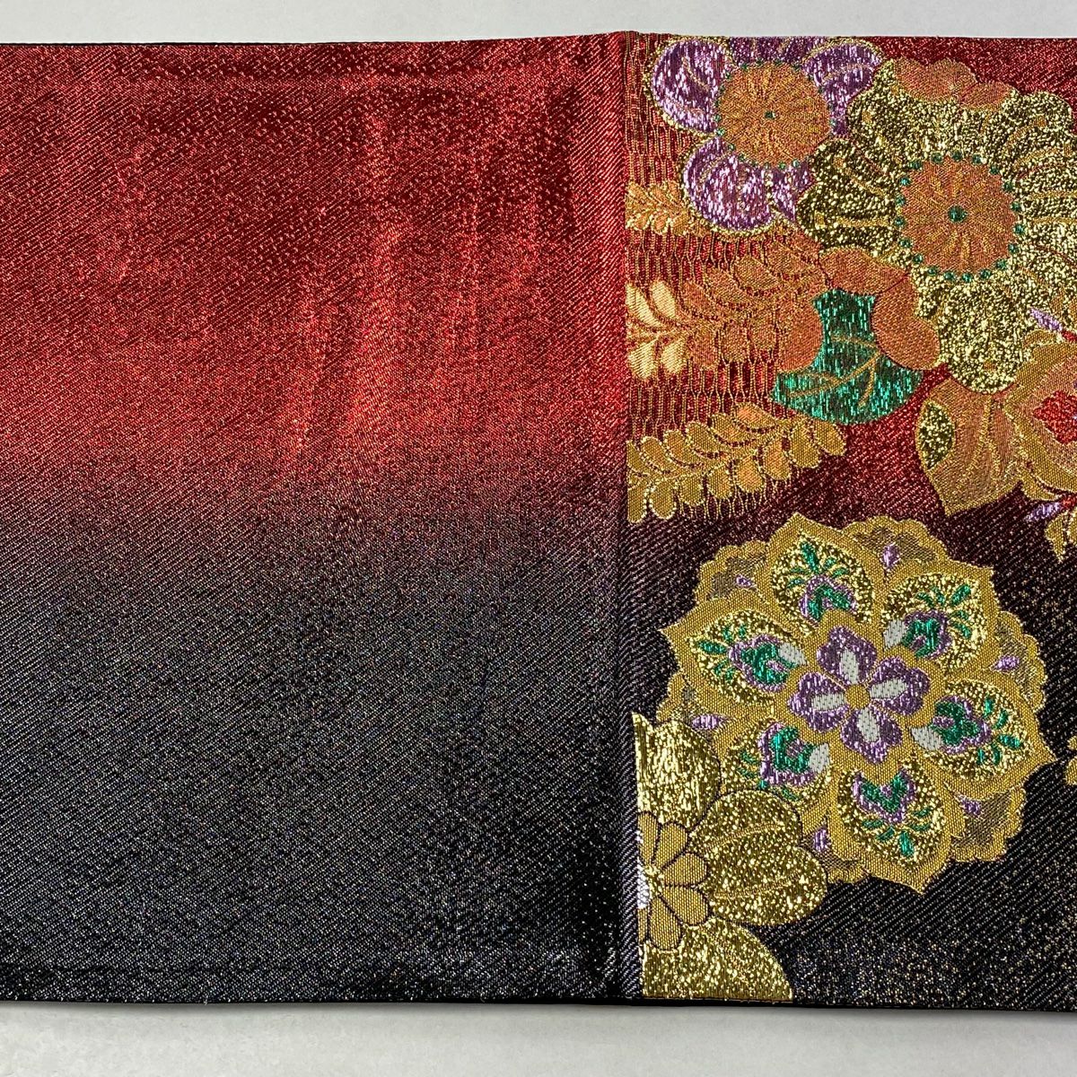 【美品】 袋帶 秀品級 草花紋紋 金糸 金金箔 紅 六通 純蠶絲