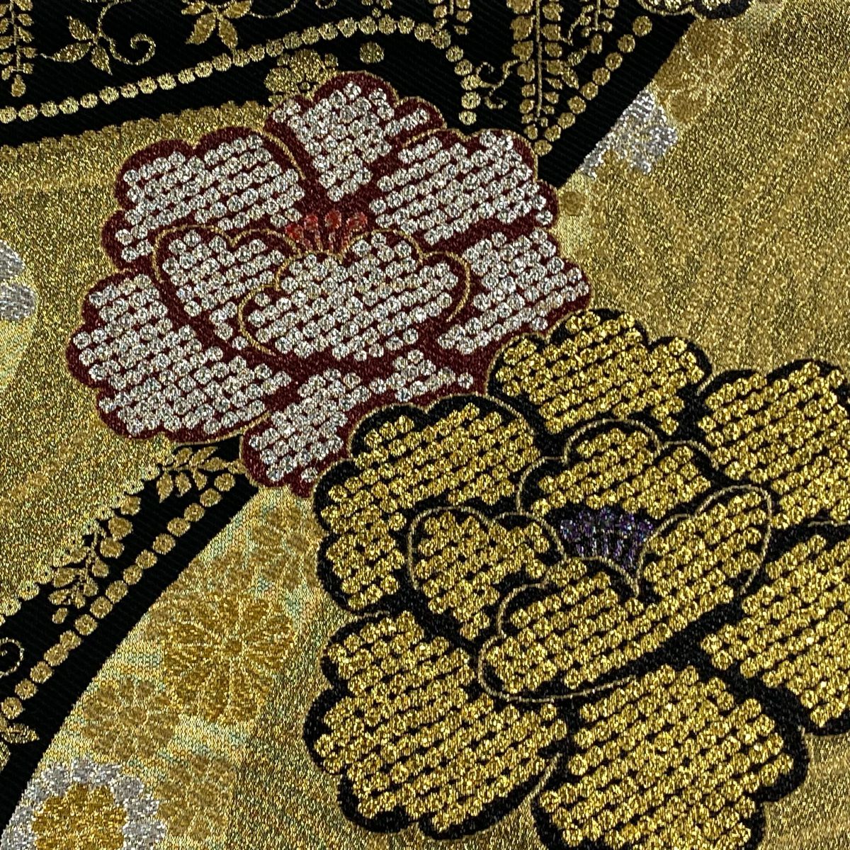 【美品】 袋帶 秀品級 牡丹 草花紋 金糸 金金箔 金色 六通 純蠶絲