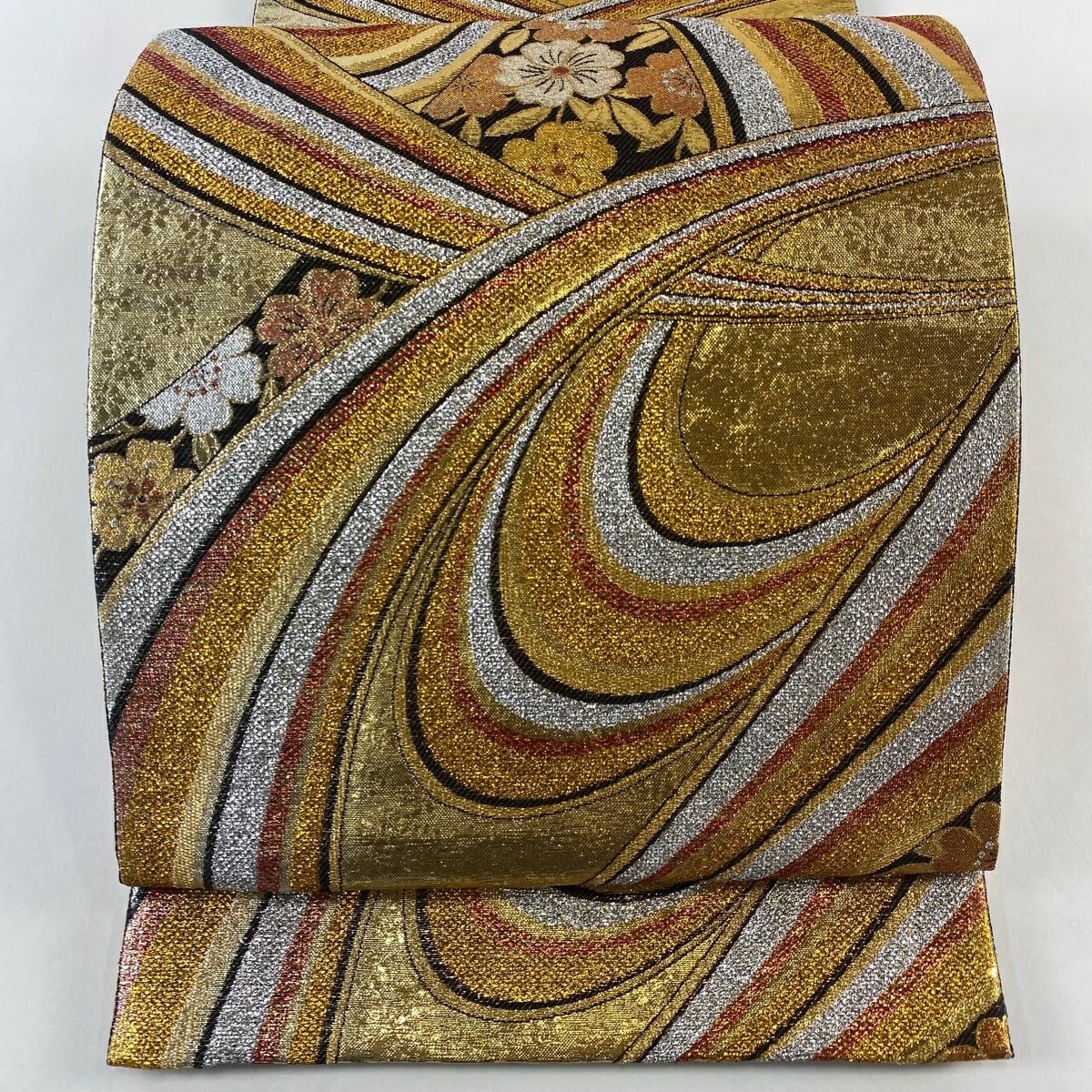 【美品】 袋帶 秀品級 草花紋紋 幾何學 金絲 金金箔 金色 六通 純蠶絲