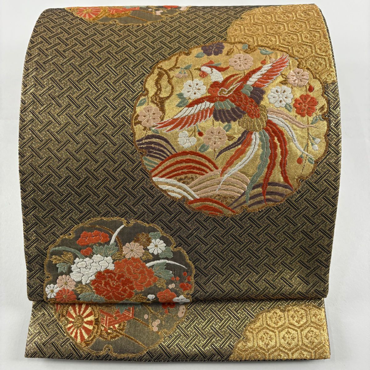 【美品】 袋帶 秀品級 鈴乃屋 雪輪 鳳凰 金絲 金金箔 金 六通 純蠶絲