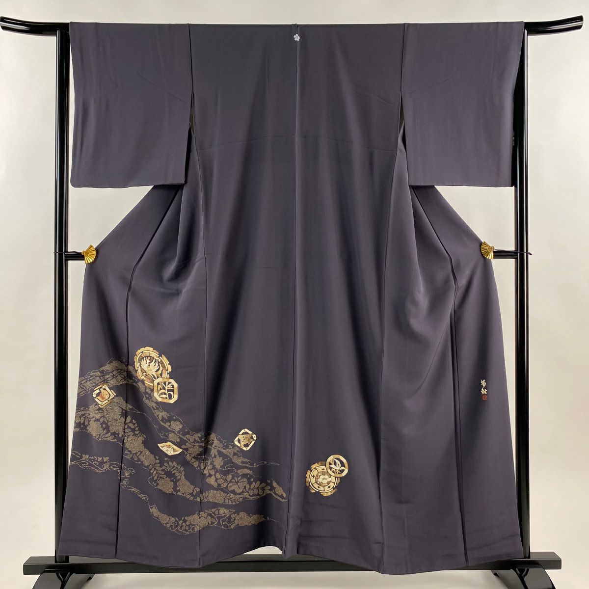 付下 身長158cm 袖長64.5cm M 雙層 田尾笛秋 蓑蟲工藝 有落款 鳥 草花紋紋 灰紫 純蠶絲 名品級 一つ紋