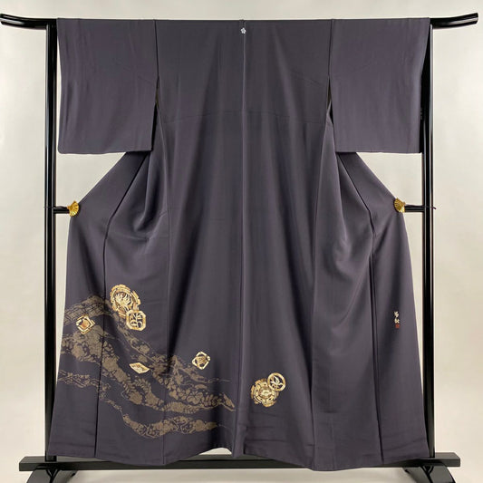 付下 身長158cm 袖長64.5cm M 雙層 田尾笛秋 蓑蟲工藝 有落款 鳥 草花紋紋 灰紫 純蠶絲 名品級 一つ紋