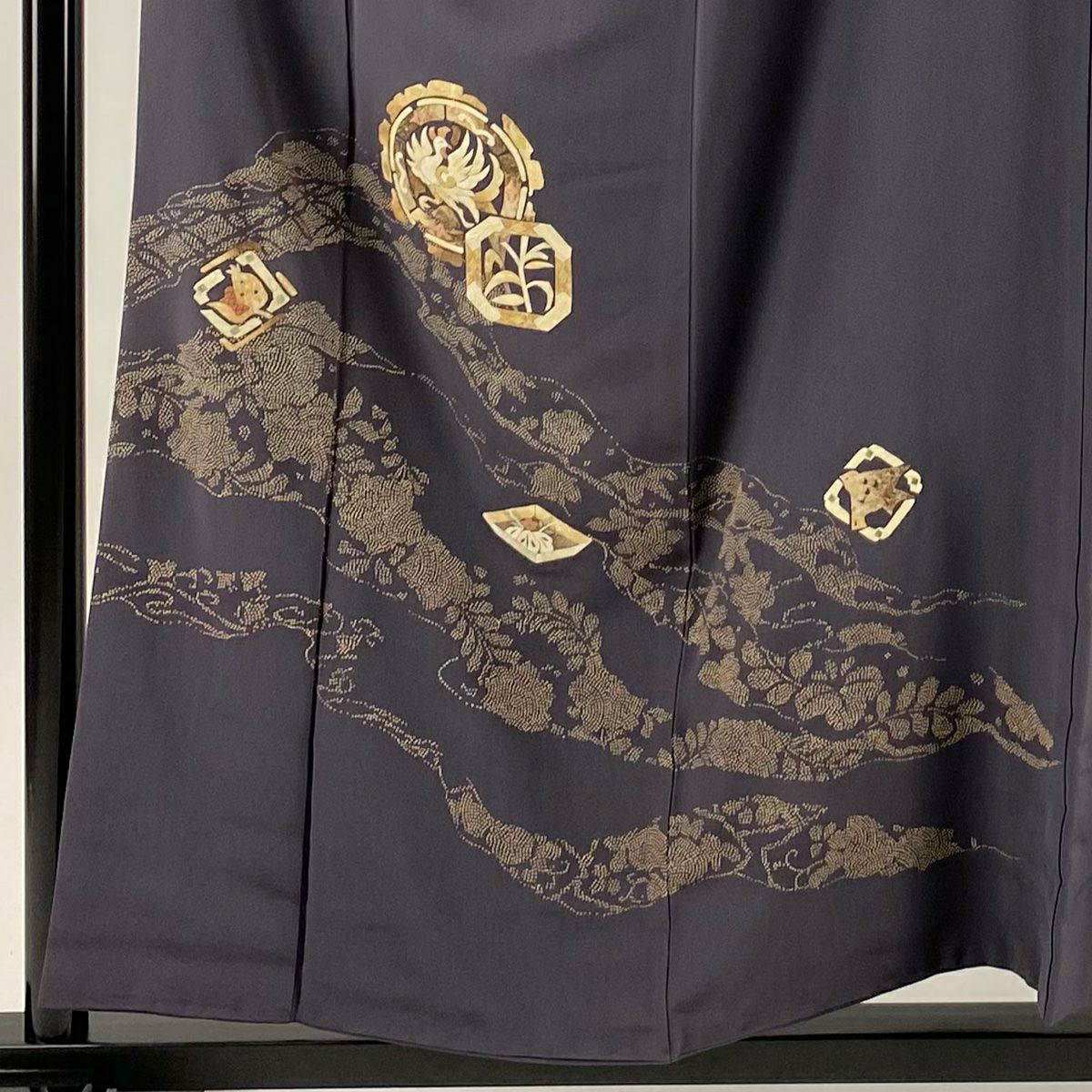 付下 身長158cm 袖長64.5cm M 雙層 田尾笛秋 蓑蟲工藝 有落款 鳥 草花紋紋 灰紫 純蠶絲 名品級 一つ紋