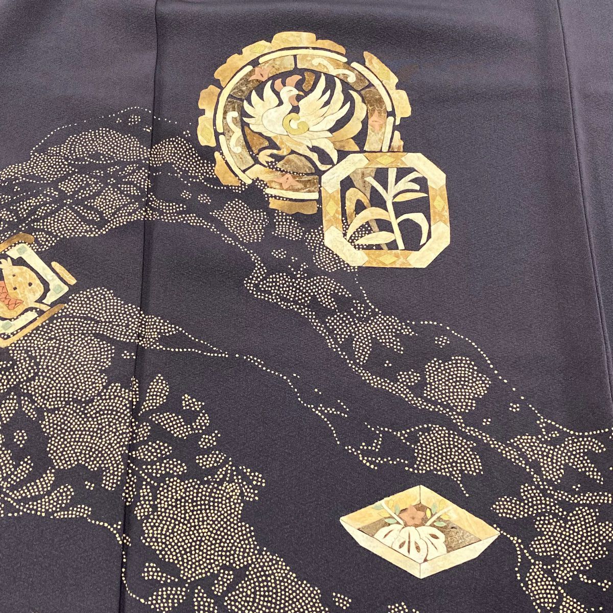 付下 身長158cm 袖長64.5cm M 雙層 田尾笛秋 蓑蟲工藝 有落款 鳥 草花紋紋 灰紫 純蠶絲 名品級 一つ紋