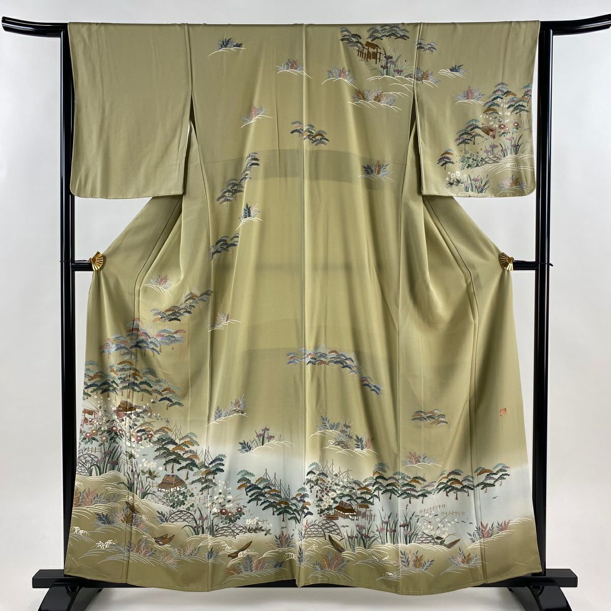 訪問服 身長158.5cm 袖長64.5cm M 雙層 落款 草花紋紋 建物刺繡 金線 灰綠 純蠶絲 名品級
