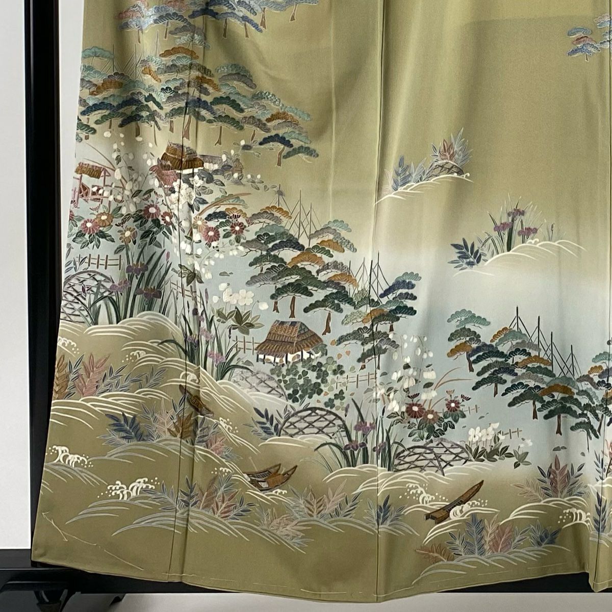 訪問服 身長158.5cm 袖長64.5cm M 雙層 落款 草花紋紋 建物刺繡 金線 灰綠 純蠶絲 名品級