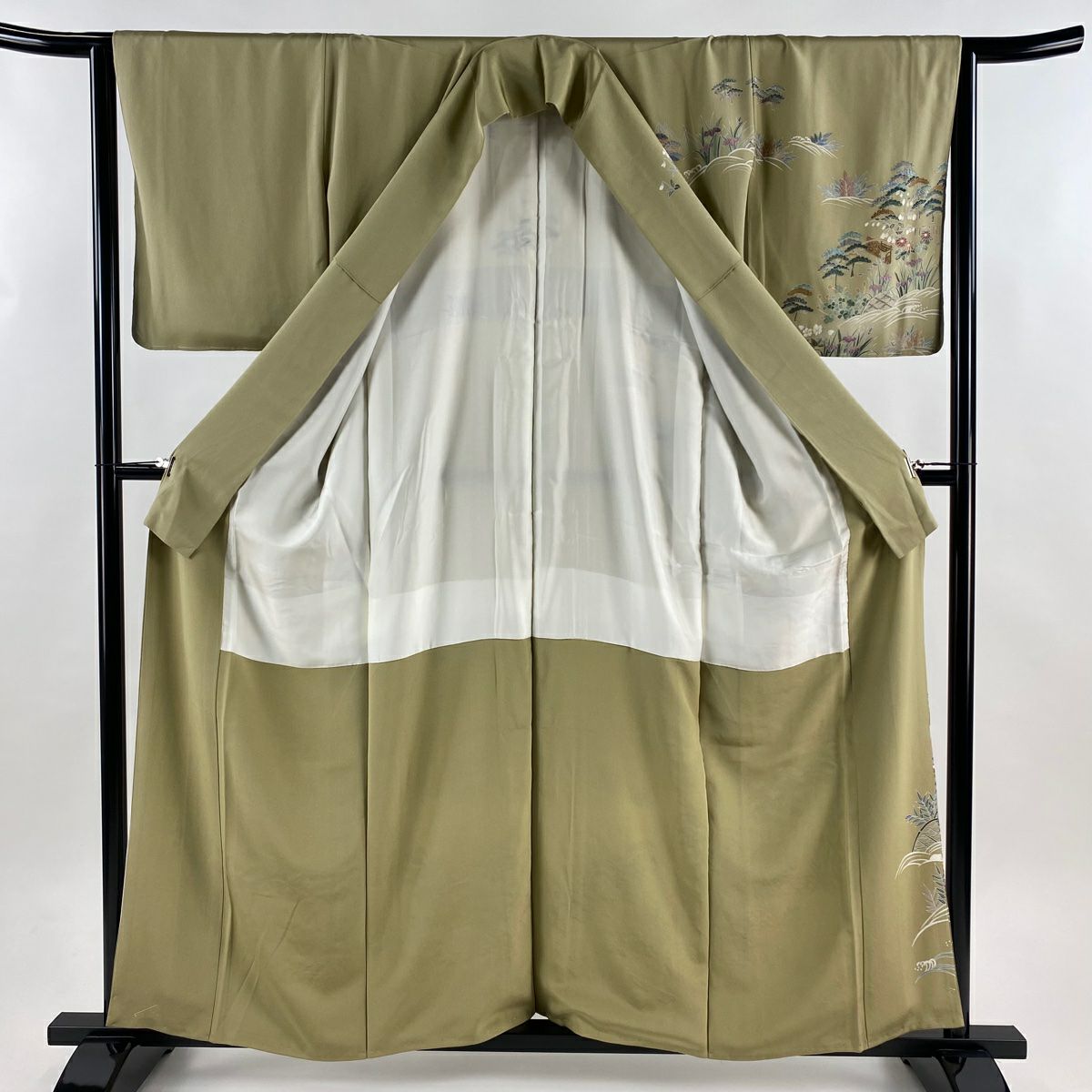 訪問服 身長158.5cm 袖長64.5cm M 雙層 落款 草花紋紋 建物刺繡 金線 灰綠 純蠶絲 名品級