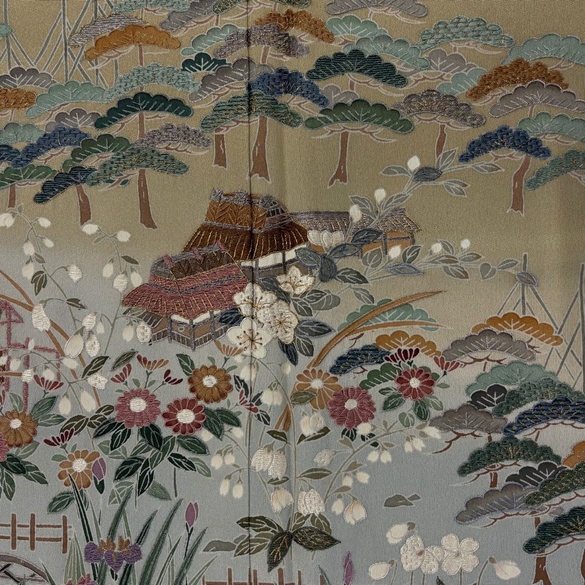 訪問服 身長158.5cm 袖長64.5cm M 雙層 落款 草花紋紋 建物刺繡 金線 灰綠 純蠶絲 名品級