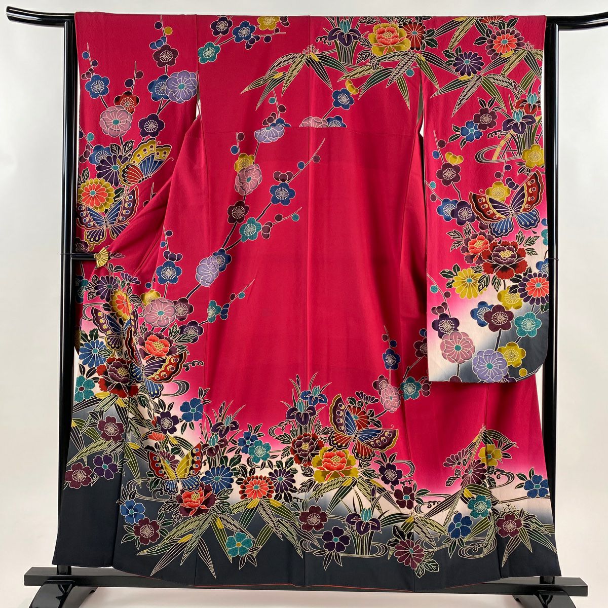 振袖禮服 身長158cm 袖長63.5cm S 雙層 蝶 草花紋紋 漸層 深粉 純蠶絲 名品級