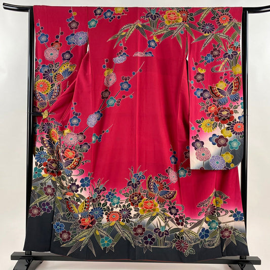 振袖禮服 身長158cm 袖長63.5cm S 雙層 蝶 草花紋紋 漸層 深粉 純蠶絲 名品級