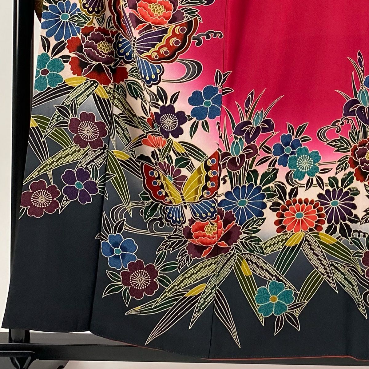 振袖禮服 身長158cm 袖長63.5cm S 雙層 蝶 草花紋紋 漸層 深粉 純蠶絲 名品級