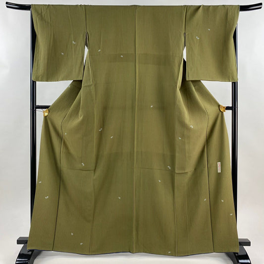 【美品】 小紋 身長164cm 袖長66.5cm M 雙層 辻村ジュサブロー 落款あり 花瓣 縱條 鶯色 純蠶絲 名品級