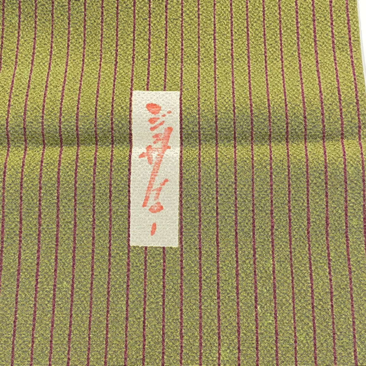 【美品】 小紋 身長164cm 袖長66.5cm M 雙層 辻村ジュサブロー 落款あり 花瓣 縱條 鶯色 純蠶絲 名品級